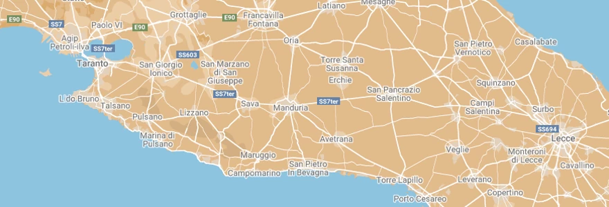 L'area geografica del Primitivo di Manduria DOC in Puglia, anche nel Salento.